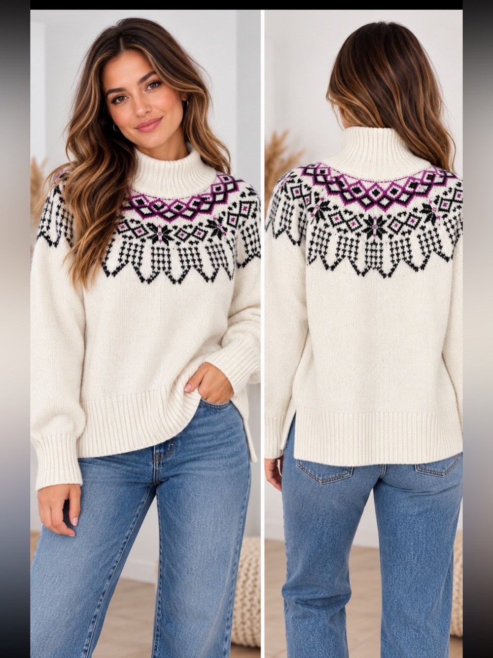 Ivory Fair Isle Turtleneck Sweater with Pink Accents